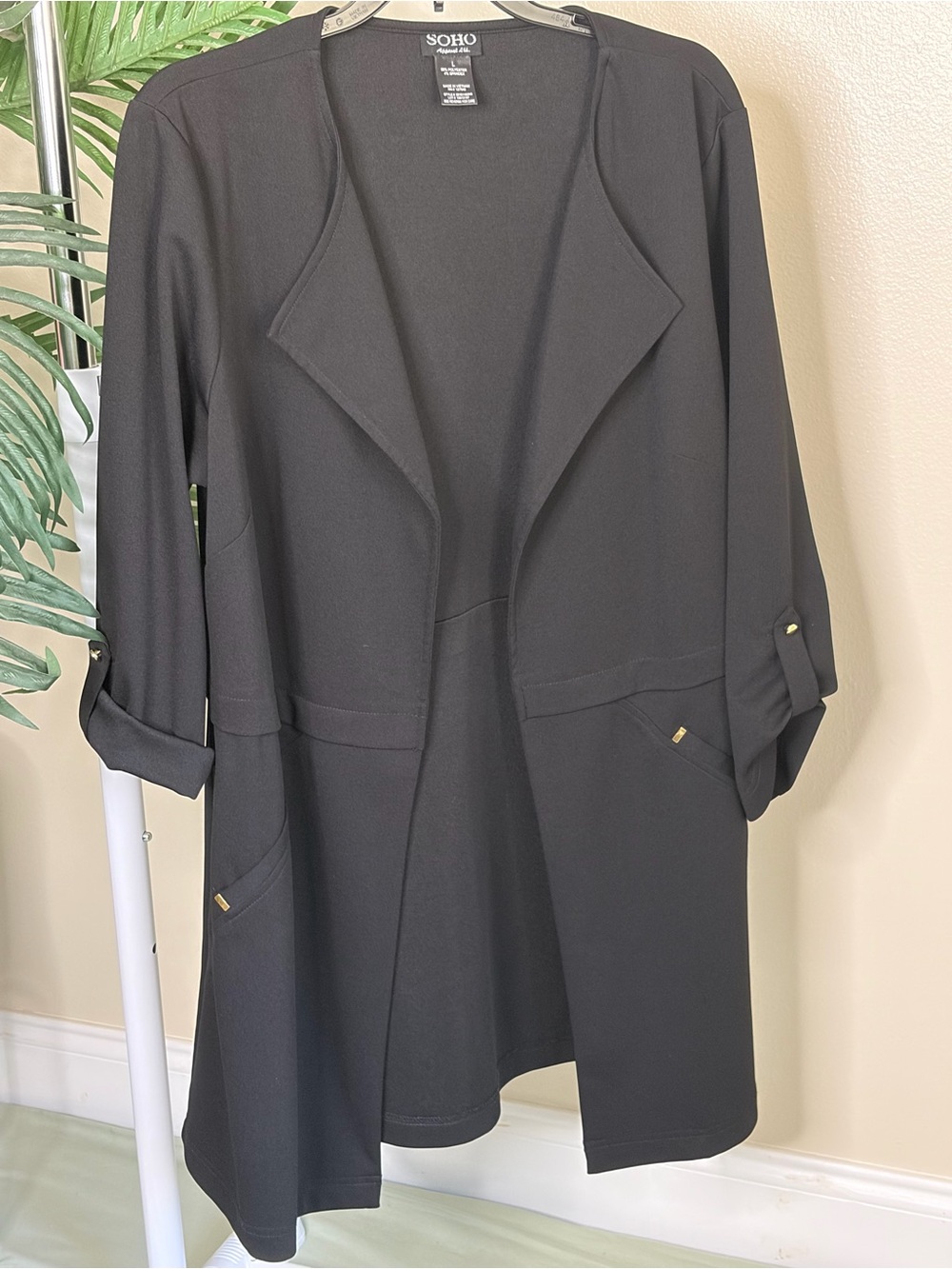 Black Open Front Blazer Cardigan SOHO Large Waterfall Drape Work Office Jacket - Picture 4 of 9
